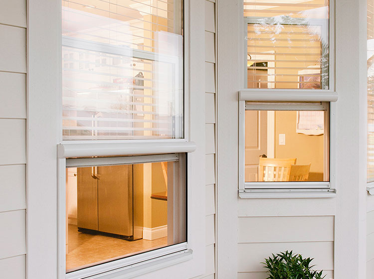 White-framed windows with retractable screens and venetian blinds, showing warm interior lighting and modern home exterior